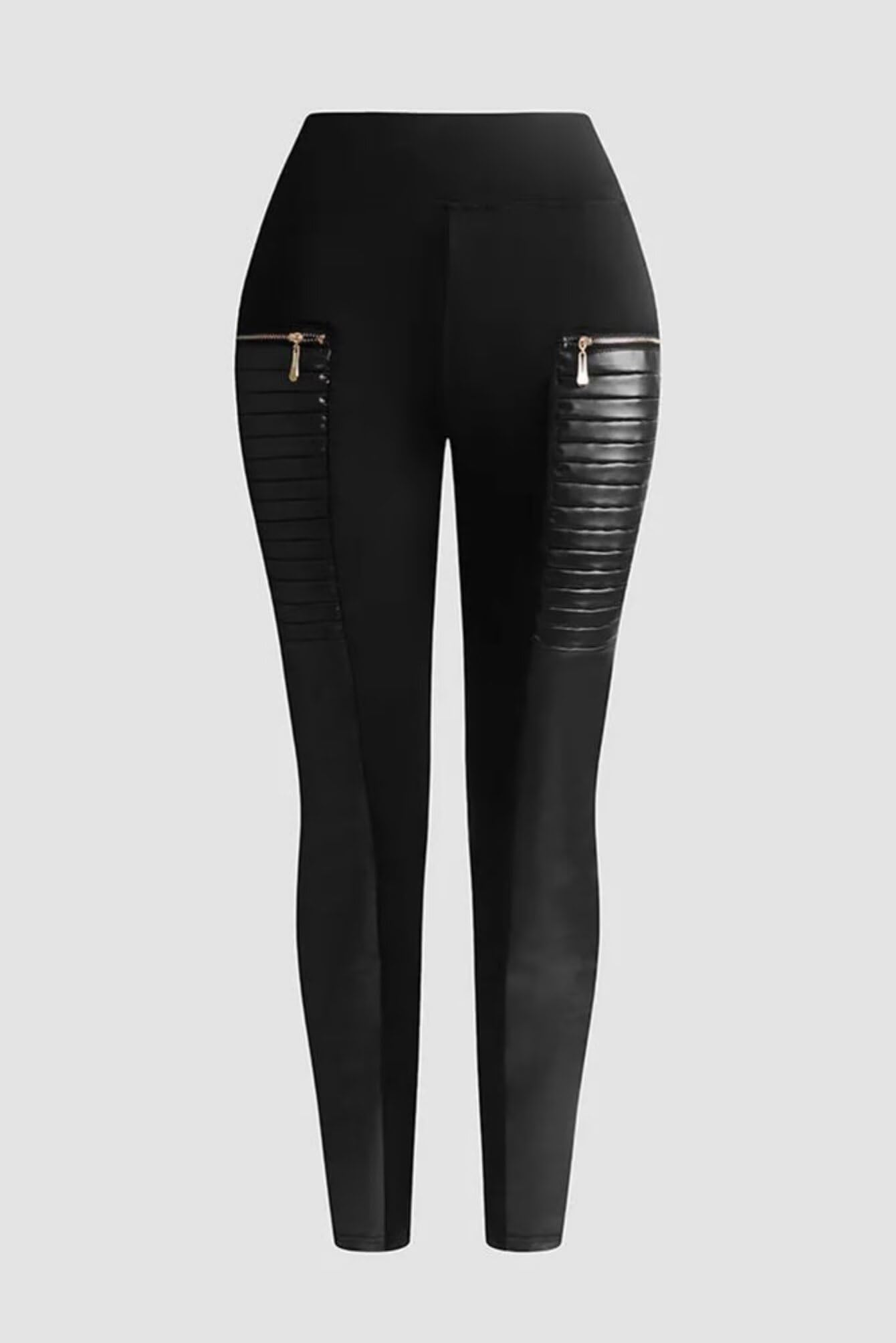 Flamingals Faux Leather Mid Waisted Tummy Control Motorcycle Leggings for Women Stretchy with Pockets Patch Zip Black XL