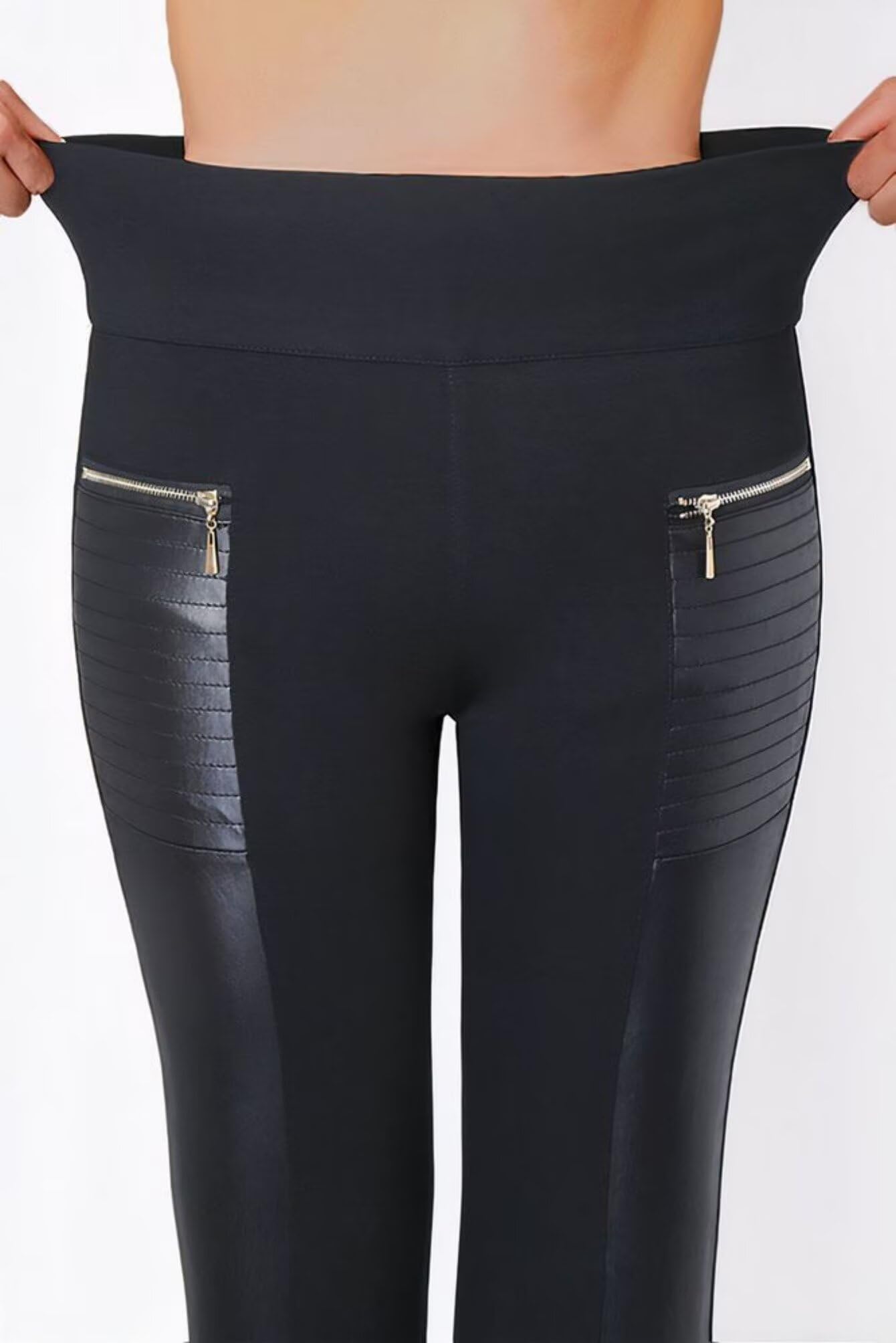 Flamingals Faux Leather Mid Waisted Tummy Control Motorcycle Leggings for Women Stretchy with Pockets Patch Zip Black XL