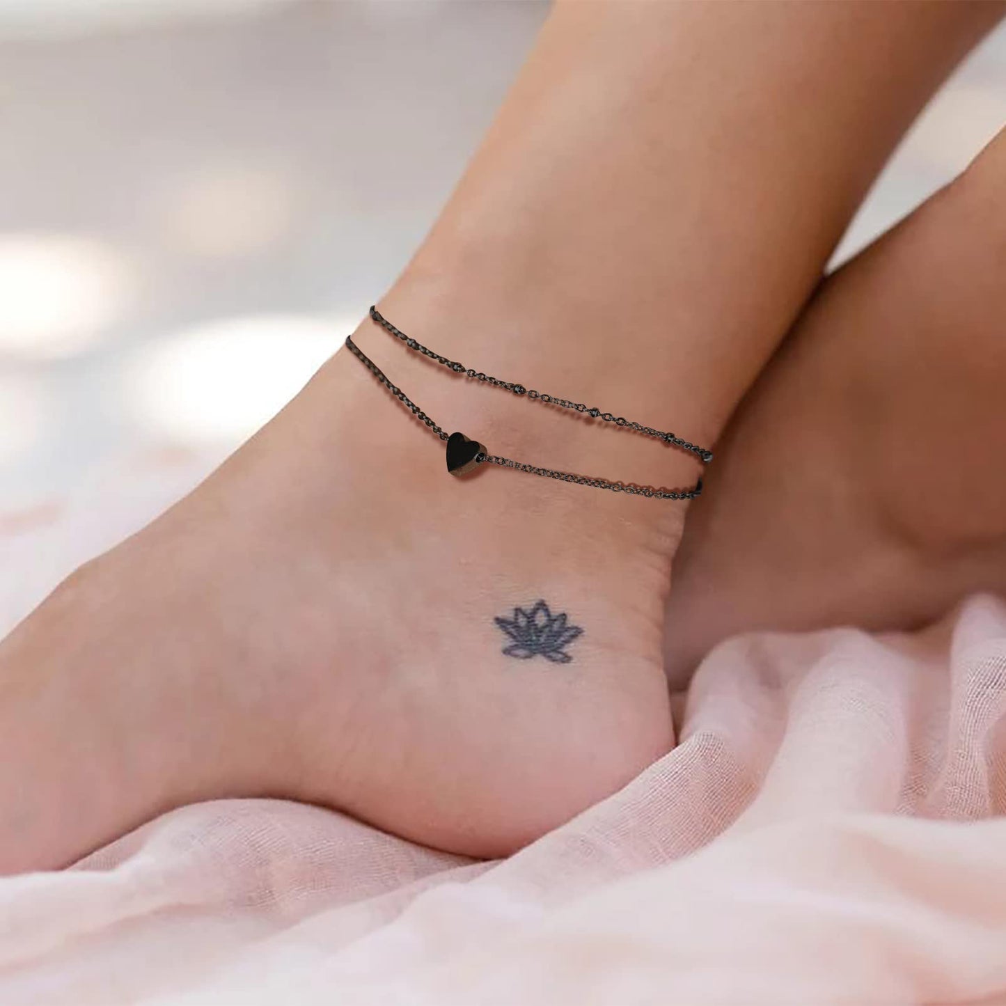 PROSTEEL Beach Jewelry Black Ankle Bracelets for Women Heart Chain Anklet Bracelet Black Layered Anklets