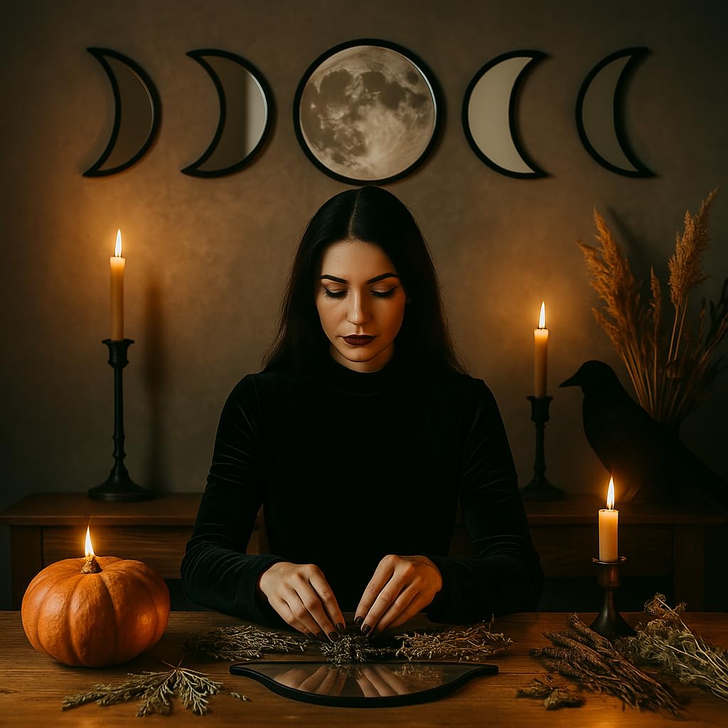 Black Magic Witch Moon Mirror – Announcing Love Gothic and Boho Home Wall Decor - Glass Moon Phase Mirror Set with Crystal Clear Reflection - Moon Mirror Wall Decor for Living Room Bedroom Nursery