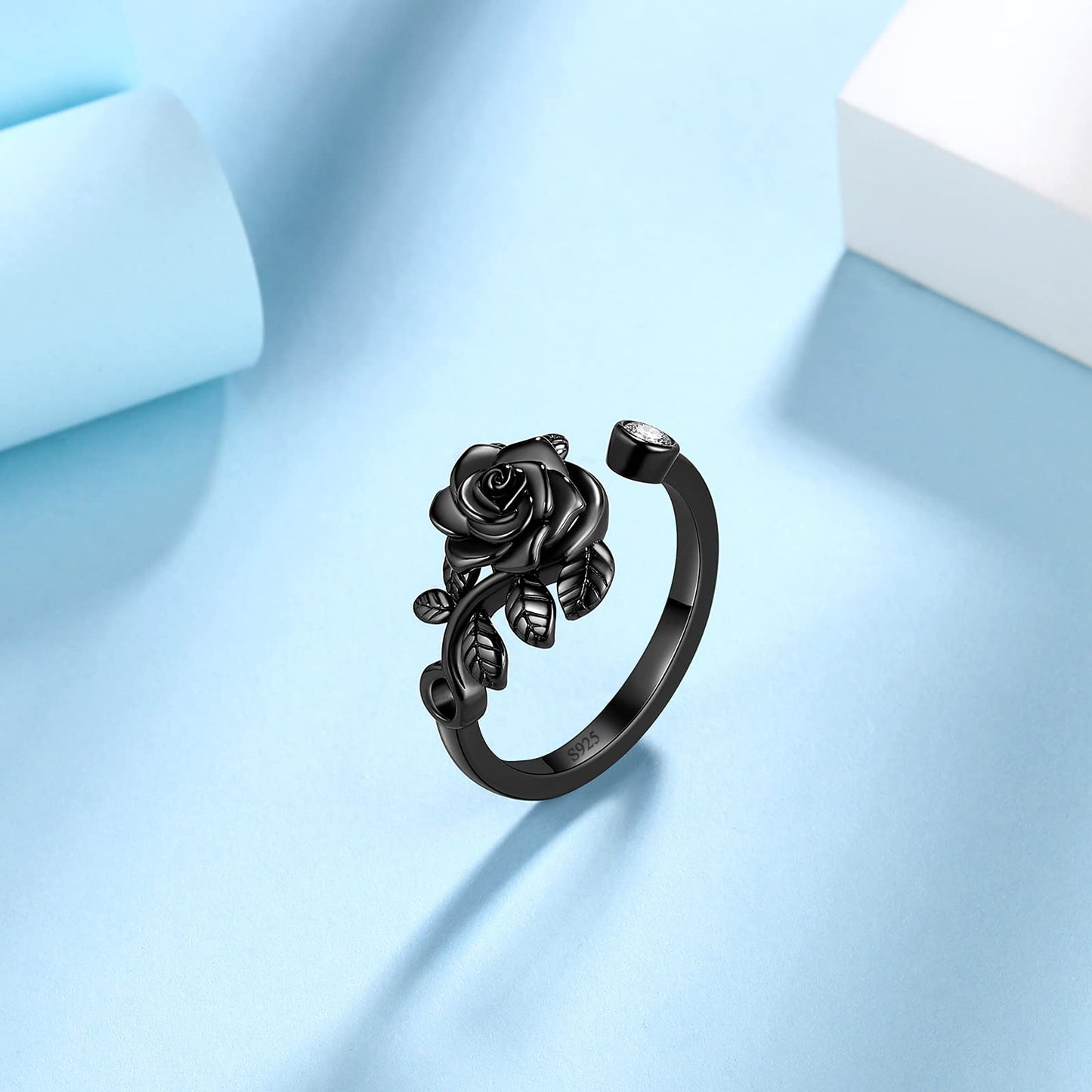 FR49K Sterling Silver Rose Flower Ring - Elegant Black Gun Plated, Adjustable, 3D Vivid Flower Design, Romantic Rose Jewelry for Women - Christmas & Valentine Gifts