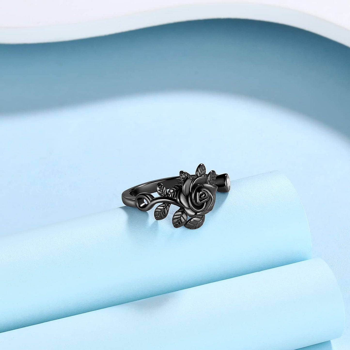 FR49K Sterling Silver Rose Flower Ring - Elegant Black Gun Plated, Adjustable, 3D Vivid Flower Design, Romantic Rose Jewelry for Women - Christmas & Valentine Gifts
