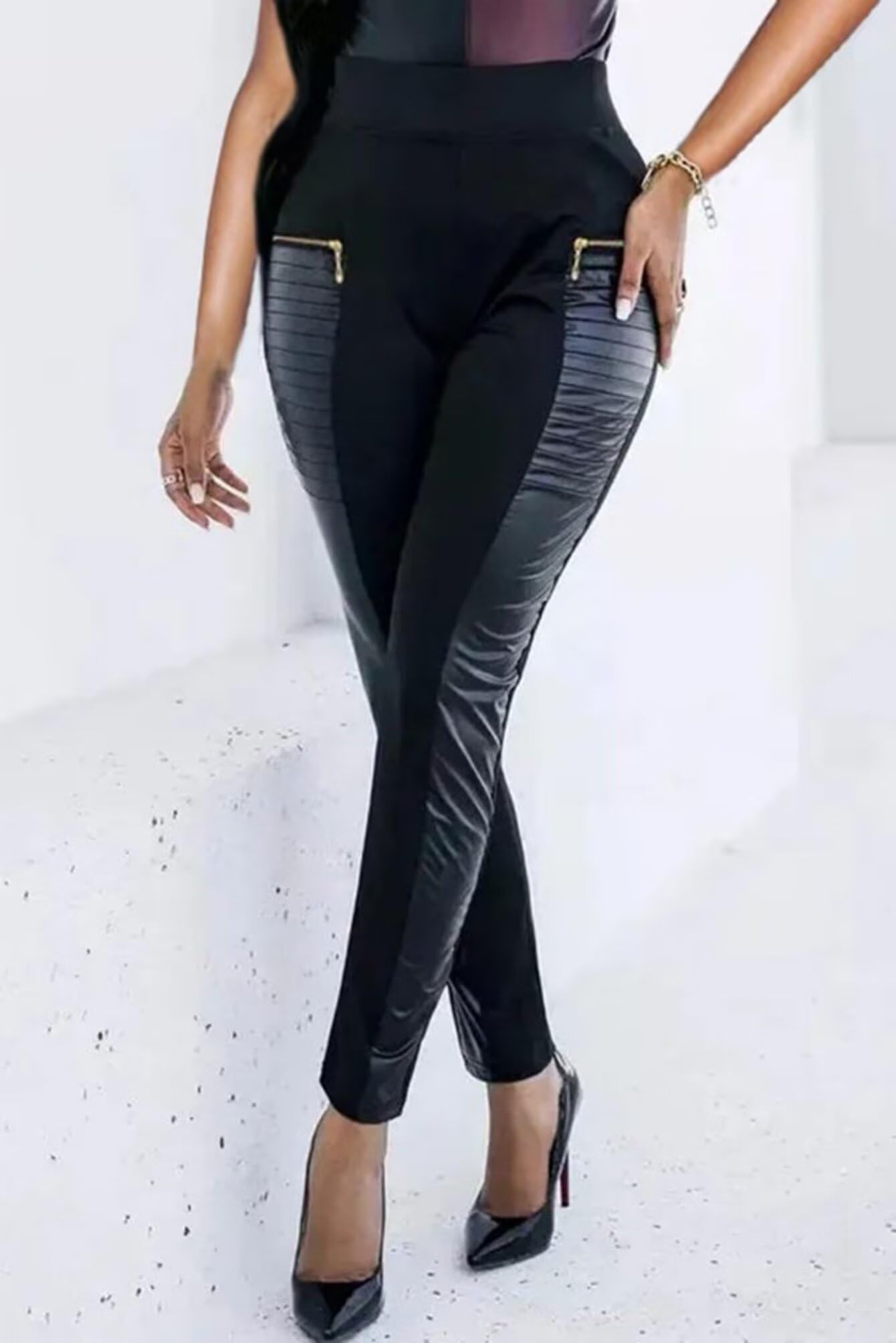 Flamingals Faux Leather Mid Waisted Tummy Control Motorcycle Leggings for Women Stretchy with Pockets Patch Zip Black XL