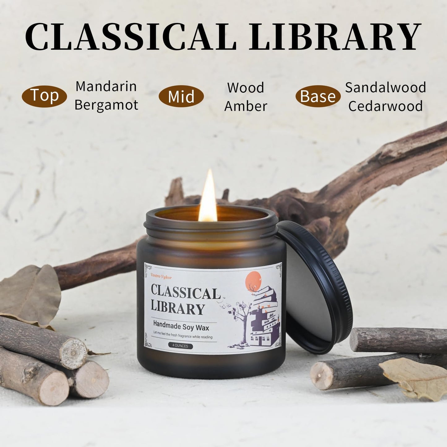 Ventro Vykor Classical Library Candle,Book Lovers Gifts,4 oz 20 Hours Burn Soy Wax Candle Gift for Readers Birthday Gifts for Book Lovers,Librarian