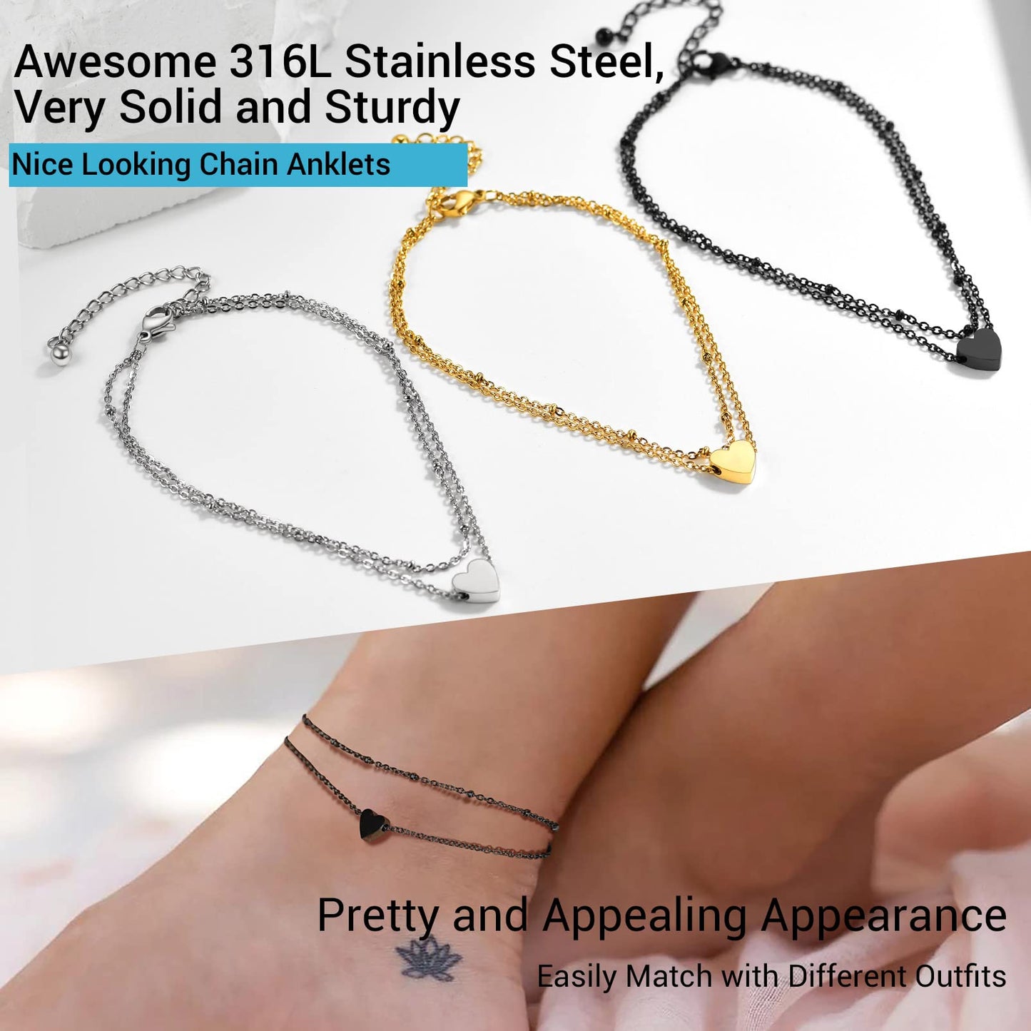 PROSTEEL Beach Jewelry Black Ankle Bracelets for Women Heart Chain Anklet Bracelet Black Layered Anklets