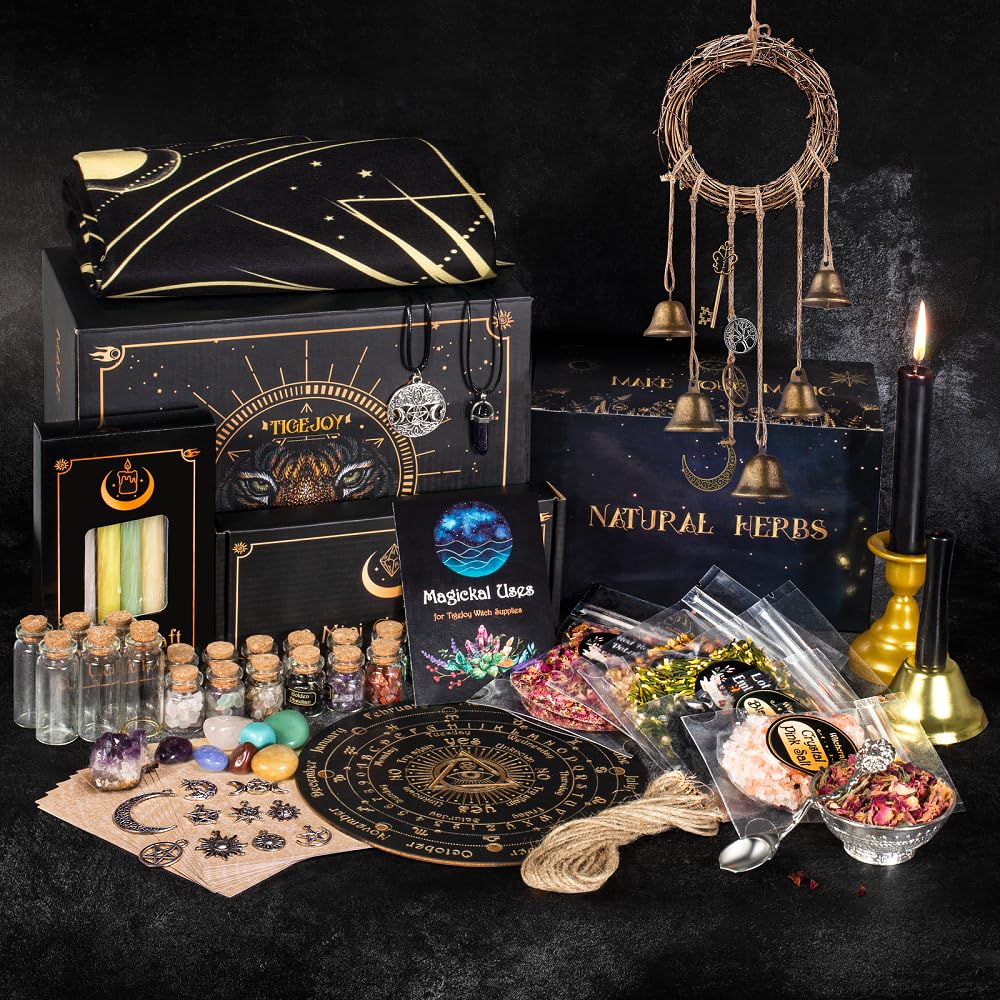 TigeJoy All in One Witchcraft Supplies Witch Stuff Spell Kit 88 PCS, Wiccan Supplies and Tools, Include Herb Crystal Candle Amethyst Pendulum, Witch Gift Wiccan Starter Kit Altar Supplies Pagan Decor