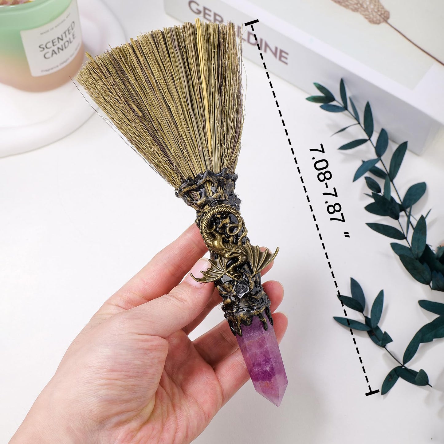 RJINGSHI Natural Magic Sweeper Amethyst Tower Broom 7.08"-7.87" Healing Crystal Point Witch Altar Supplies for Crystal Therapy Cleaning Bedroom Office Home Decor Gift