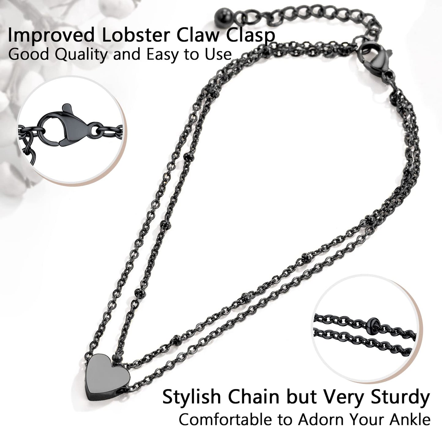 PROSTEEL Beach Jewelry Black Ankle Bracelets for Women Heart Chain Anklet Bracelet Black Layered Anklets
