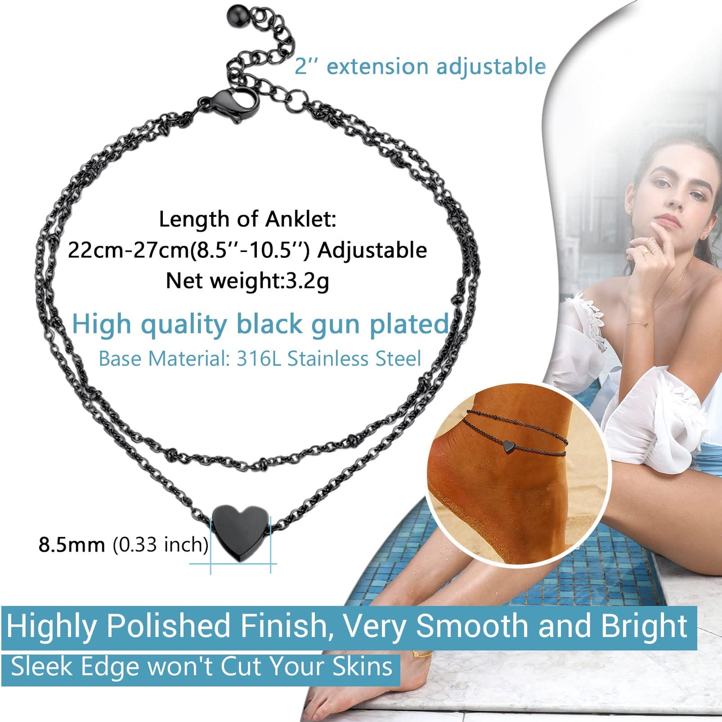 PROSTEEL Beach Jewelry Black Ankle Bracelets for Women Heart Chain Anklet Bracelet Black Layered Anklets