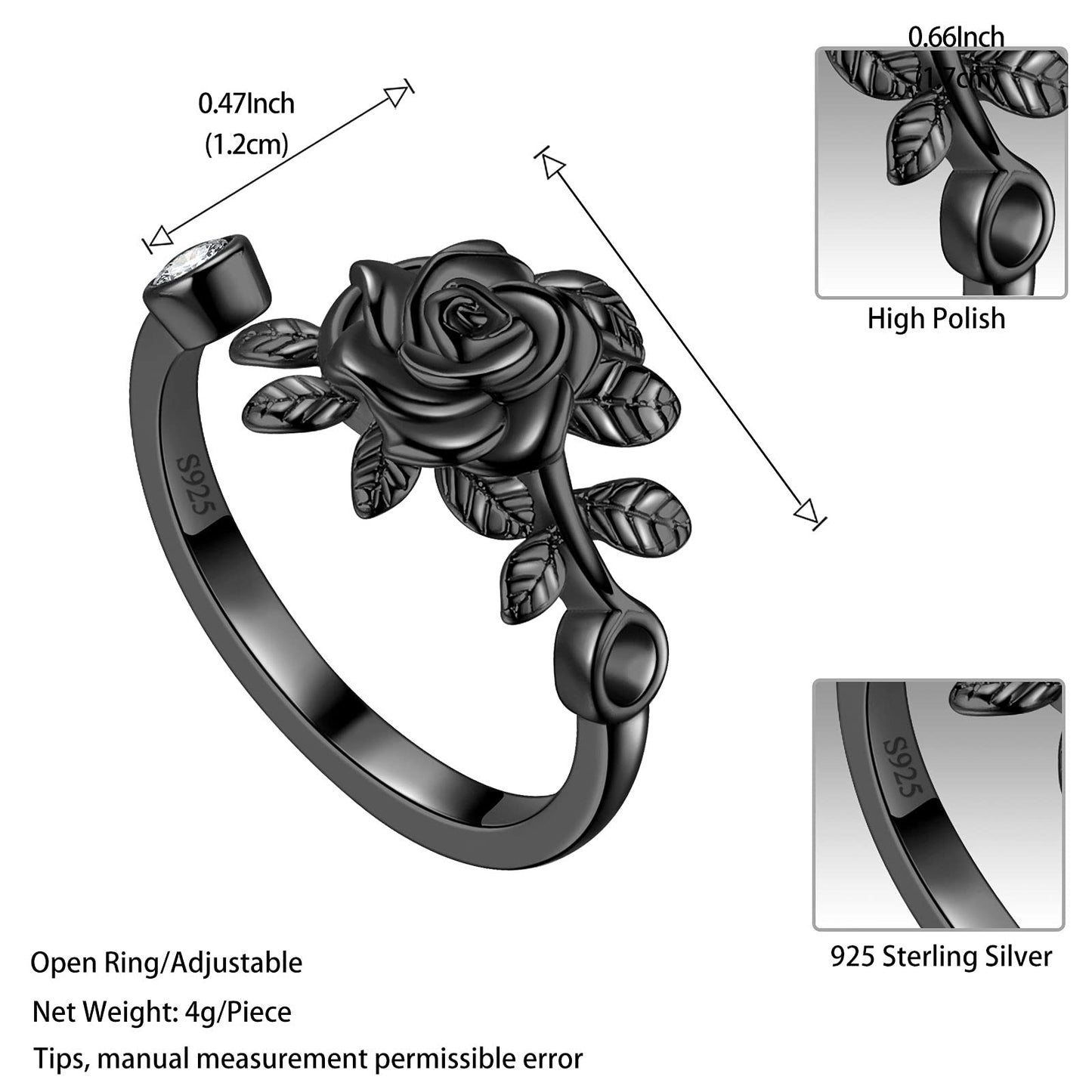 FR49K Sterling Silver Rose Flower Ring - Elegant Black Gun Plated, Adjustable, 3D Vivid Flower Design, Romantic Rose Jewelry for Women - Christmas & Valentine Gifts
