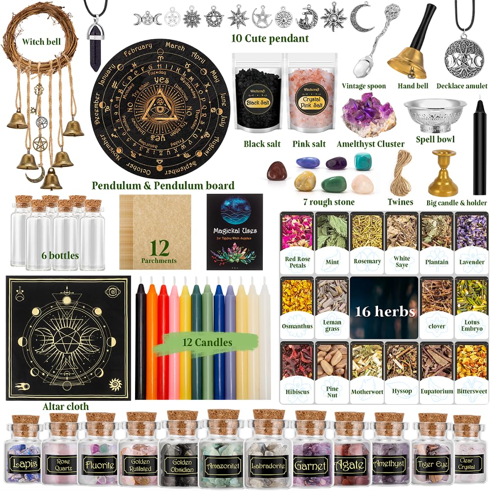 TigeJoy All in One Witchcraft Supplies Witch Stuff Spell Kit 88 PCS, Wiccan Supplies and Tools, Include Herb Crystal Candle Amethyst Pendulum, Witch Gift Wiccan Starter Kit Altar Supplies Pagan Decor