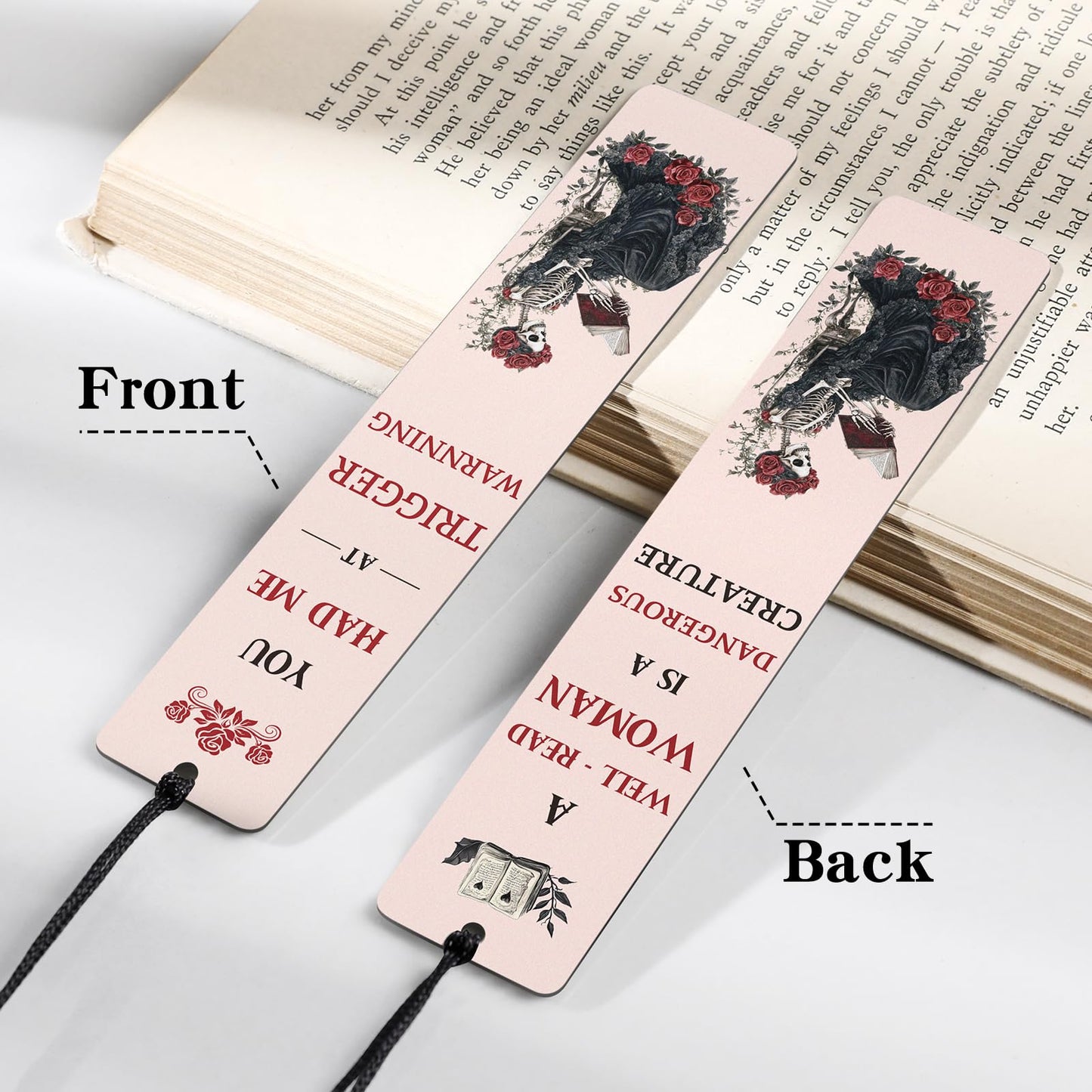 Berirexrion Dark Romance Merch Bookmark - Inspirational Reading List Book Mark Funny Personalized Unique Skeleton Rose Aesthetic Metal Page Maker Tassel Gift for Women Adults Bookish Bookworm Birthday