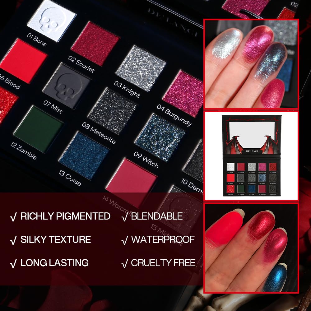 DE'LANCI Red Black Goth Eyeshadow Palette High Pigment Burgundy Eyeshadow Makeup, Halloween Vampire Makeup with Matte Metallic Glitter Shades for Smoky, Punk, Gothic Looks, Vegan & Cruelty-Free