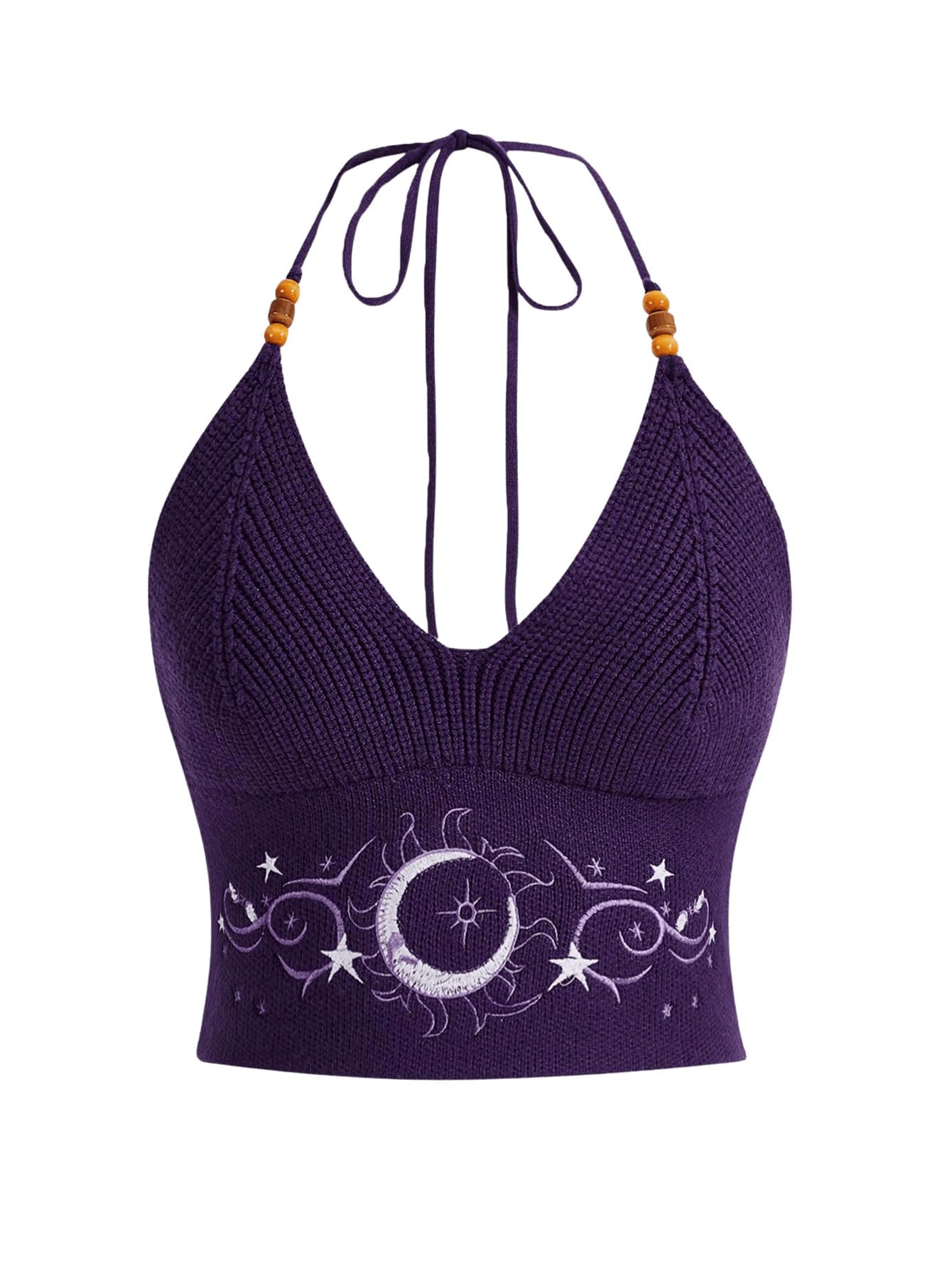 Verdusa Women's Crop Halter Tops Y2k Goth Clothes Crochet Cami Sleeveless Tie Backless Boho Knit Top Camisole Purple Medium