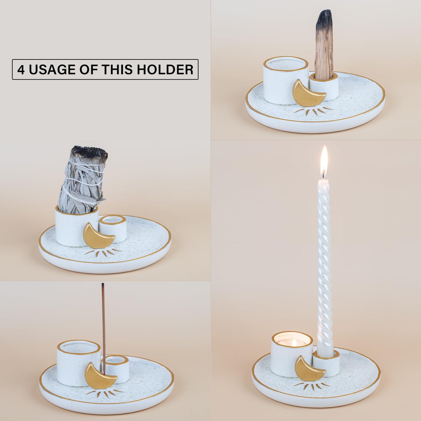 ZenBless Multifunction Incense and Candle Holder for Burning Sage, Palo Santo, Incense Sticks - 5.9" Ceramic Ash Catcher Tray for Meditation Room Home Decor (Gold)