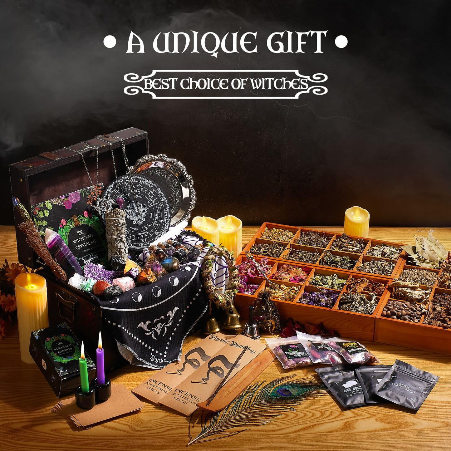 SHYSHINY Huge Witchcraft Kit, 200Pack Witchcraft Supplies for Witch Spells, Wiccan Supplies and Tools with Wooden Box Witch Starter Kit for Beginners