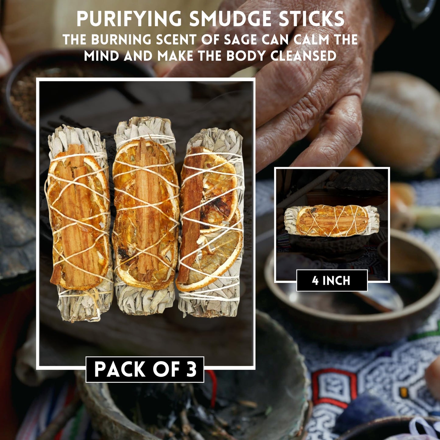 SOUL STICKS 3 Pack White Sage Orange Cinnamon Sage Smudge Sticks for Money Cleansing House, Abundance, Money, Negative Energy Cleanse, and Smudging with Starter Guide | 4 Inch Bundles