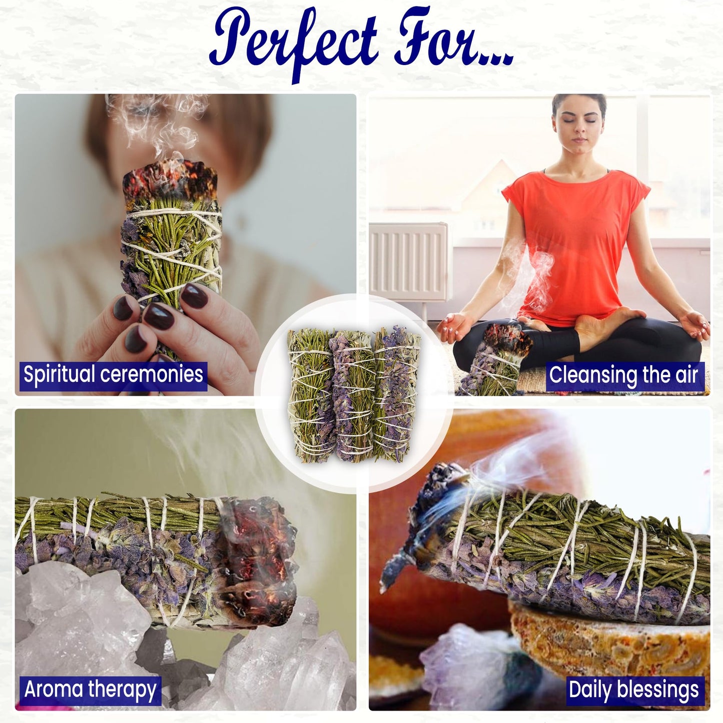 Sage Smudge Kit for Cleansing Negative Energy, Home and Creating The Energy of Happiness Rosemary & Lavender Sage Smudge Sticks with White Sage Pack of 3