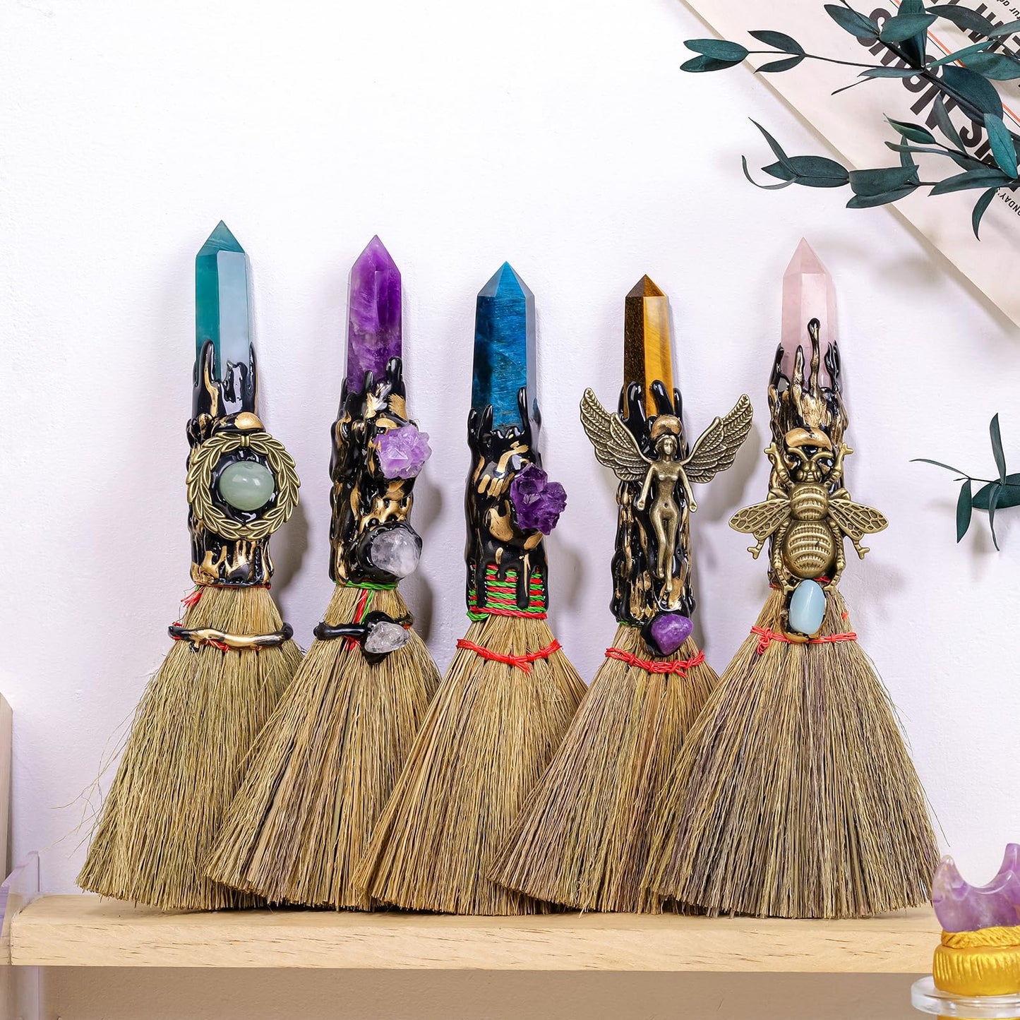 RJINGSHI Natural Magic Sweeper Amethyst Tower Broom 7.08"-7.87" Healing Crystal Point Witch Altar Supplies for Crystal Therapy Cleaning Bedroom Office Home Decor Gift