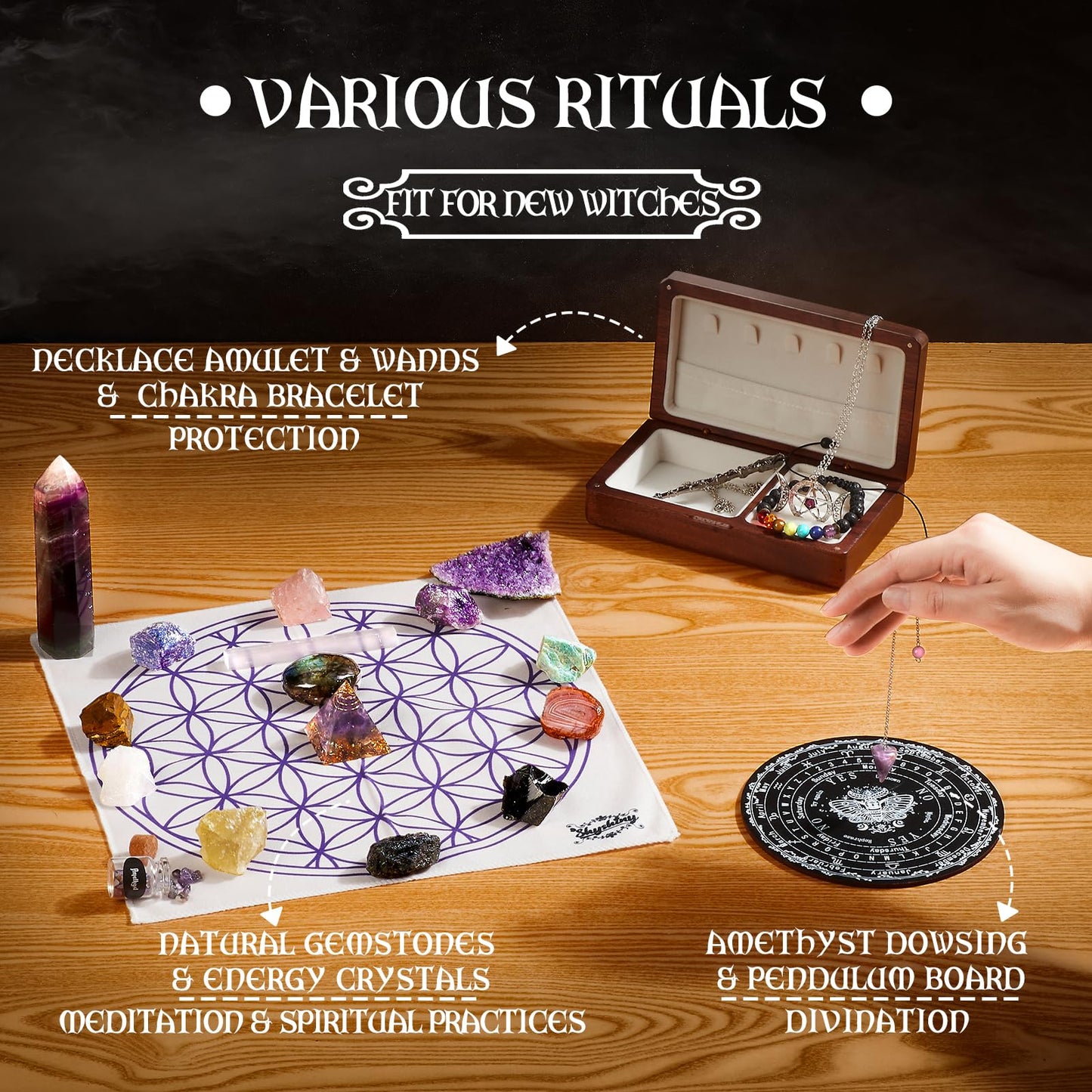 SHYSHINY Huge Witchcraft Kit, 200Pack Witchcraft Supplies for Witch Spells, Wiccan Supplies and Tools with Wooden Box Witch Starter Kit for Beginners