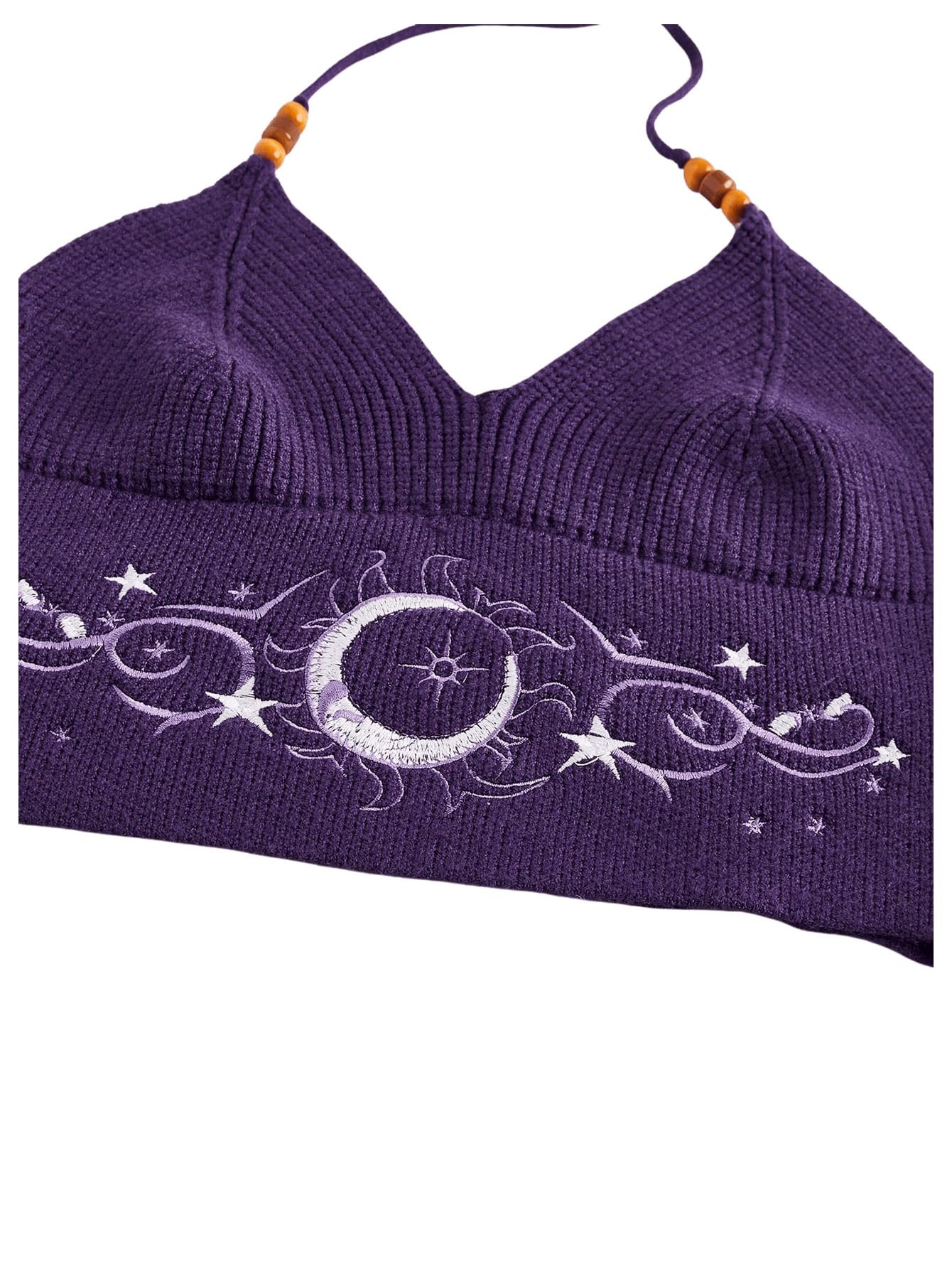 Verdusa Women's Crop Halter Tops Y2k Goth Clothes Crochet Cami Sleeveless Tie Backless Boho Knit Top Camisole Purple Medium