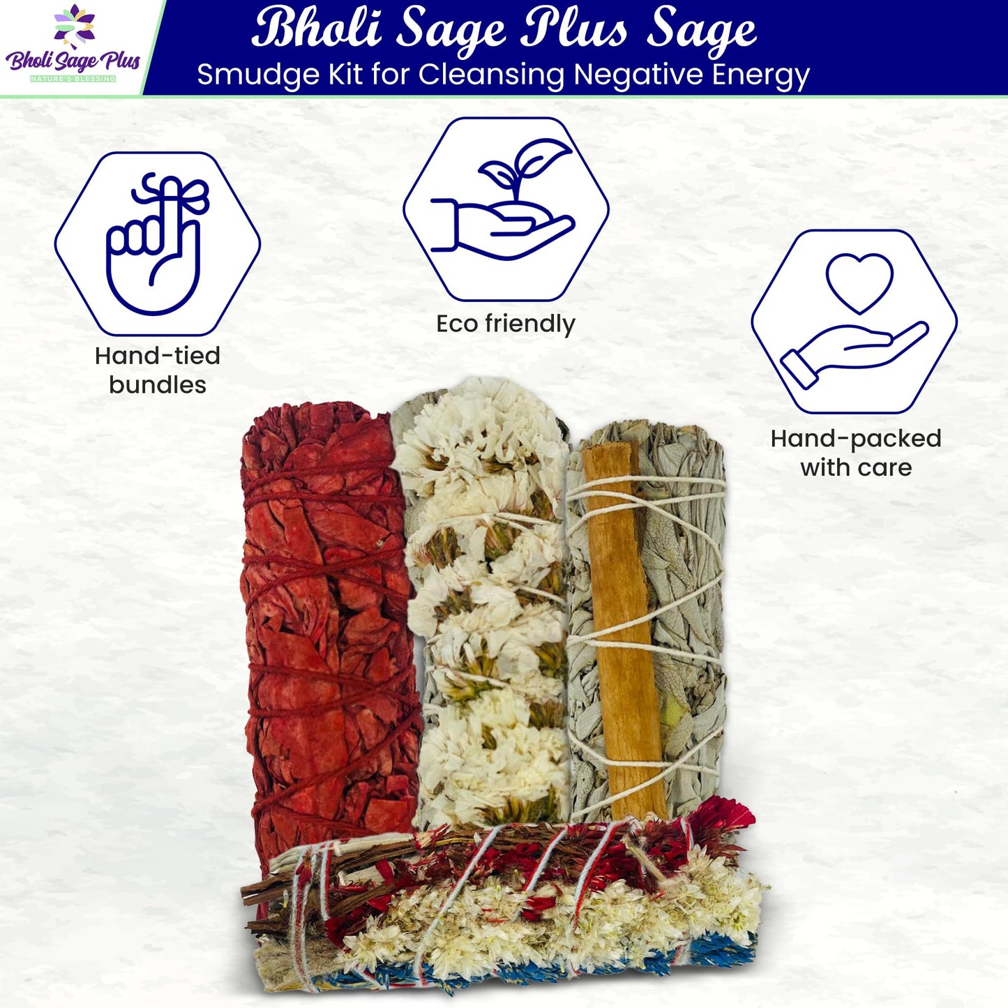 Bholi Sage Plus Sage Smudge Kit for Cleansing Negative Energy and Cleansing Home Sinuata, Dragon Blood, Cinnamon and Triple Flower Dried - 4'' Long Pack of 4 White California Sage Sticks
