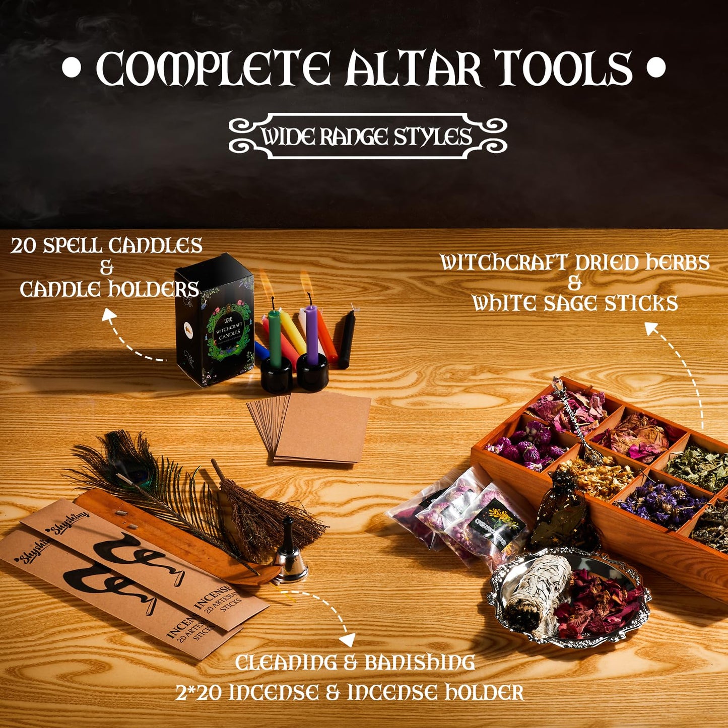 SHYSHINY Huge Witchcraft Kit, 200Pack Witchcraft Supplies for Witch Spells, Wiccan Supplies and Tools with Wooden Box Witch Starter Kit for Beginners