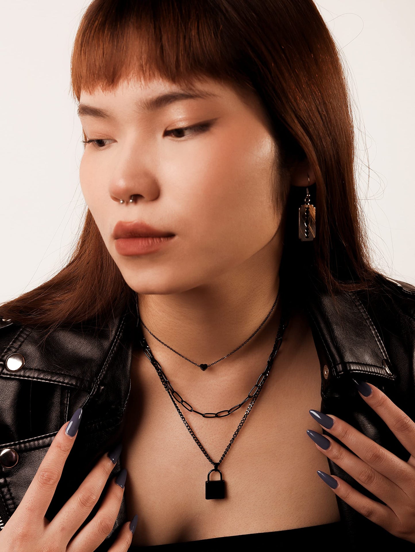 Sacina Women's Zinc Alloy & Stainless Steel Gothic Black Layered Necklace (12.59+16.53+18.11 inches) - Heart & Lock Pendant, Y2K Emo Necklace, Halloween, Christmas Gift
