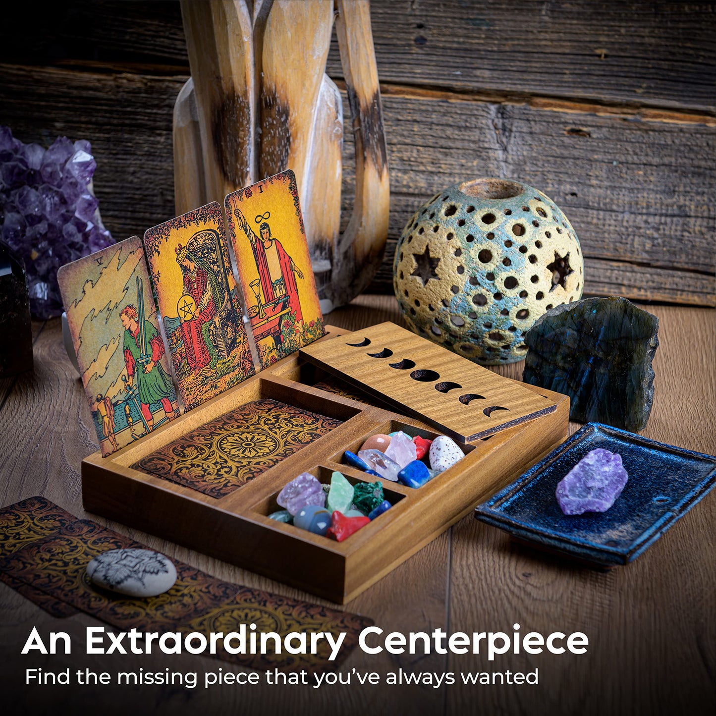 Curawood Tarot Card Holder Stand Display & Deck Box - Witchy Gifts for Women, Tarot Accessories, Wiccan Altar Supplies, Crystal Holder Tray, Witchcraft Decor - 3-Card Stand with Moon Phase Design