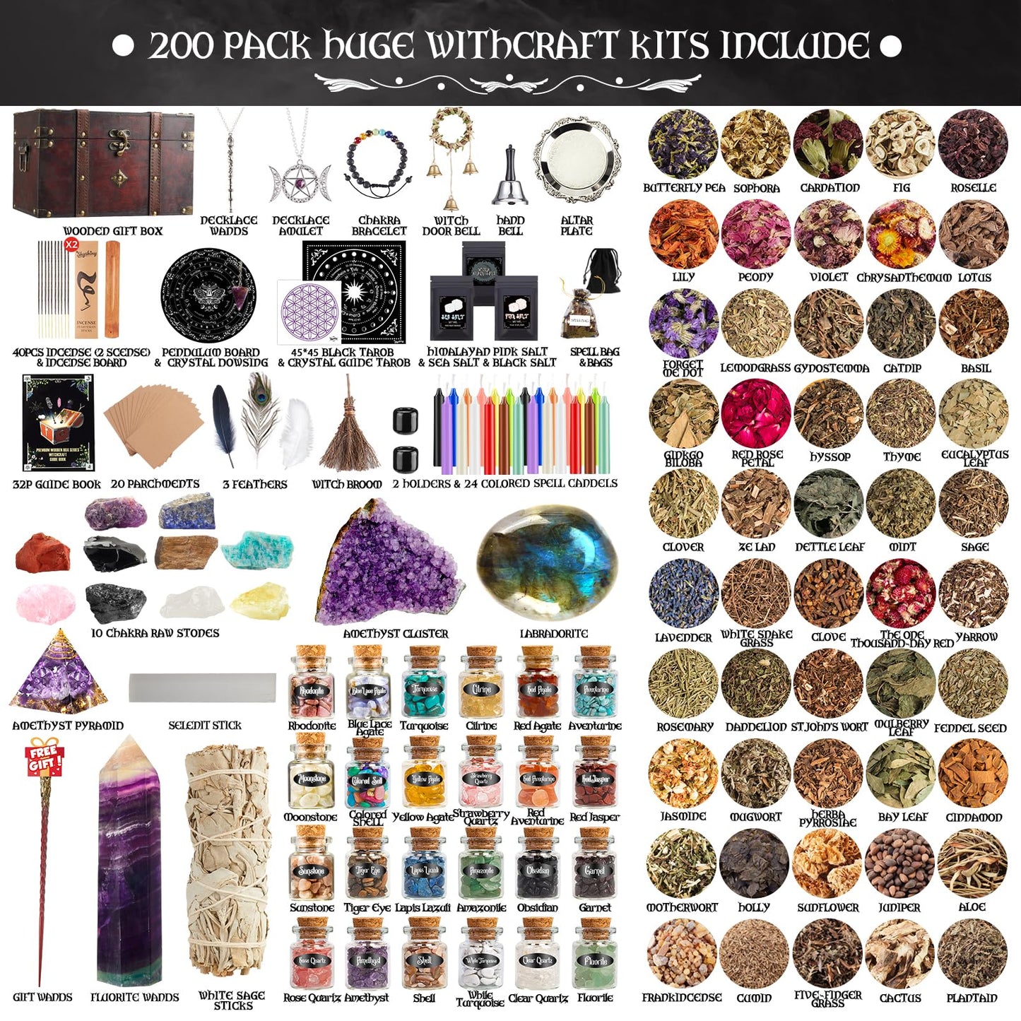 SHYSHINY Huge Witchcraft Kit, 200Pack Witchcraft Supplies for Witch Spells, Wiccan Supplies and Tools with Wooden Box Witch Starter Kit for Beginners