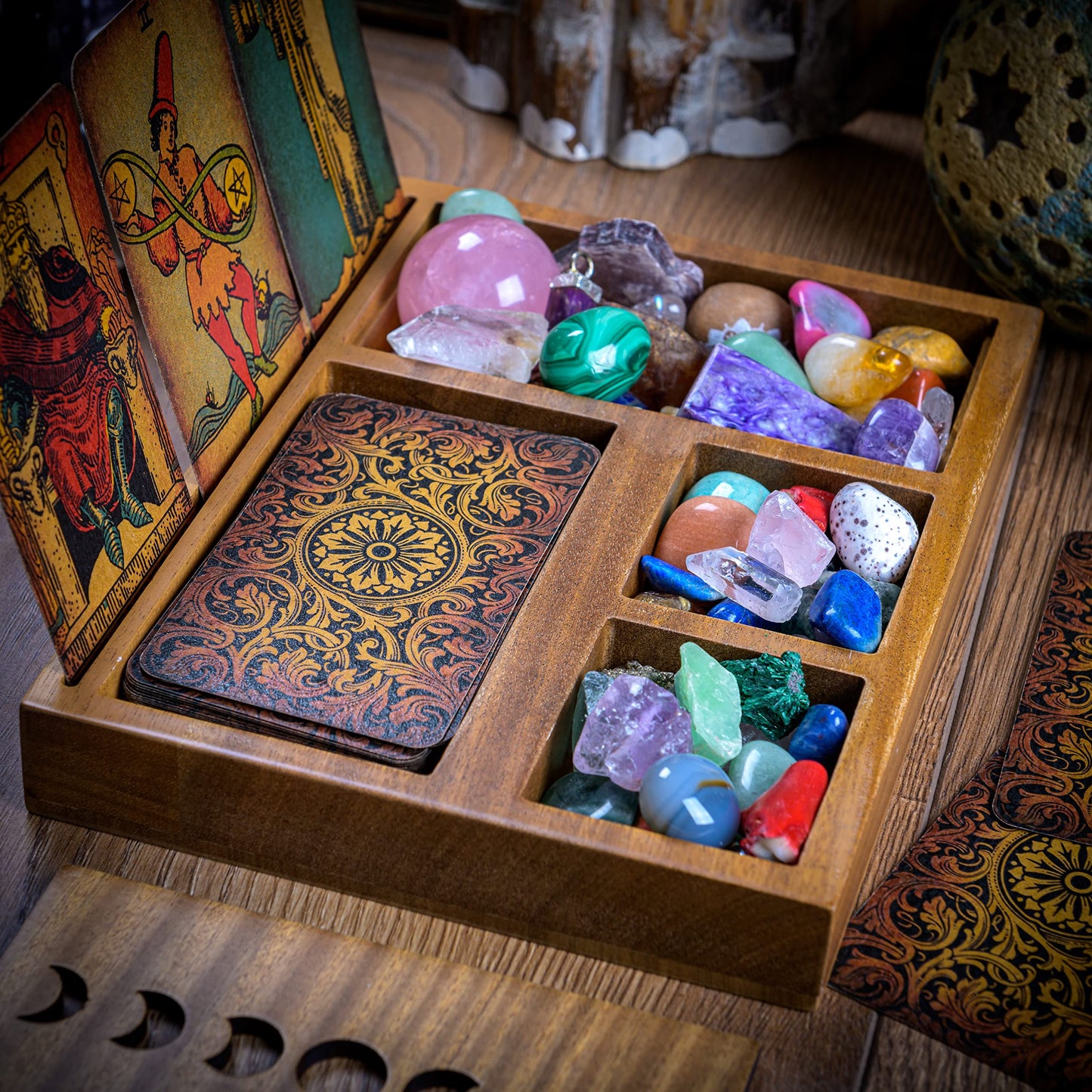 Curawood Tarot Card Holder Stand Display & Deck Box - Witchy Gifts for Women, Tarot Accessories, Wiccan Altar Supplies, Crystal Holder Tray, Witchcraft Decor - 3-Card Stand with Moon Phase Design