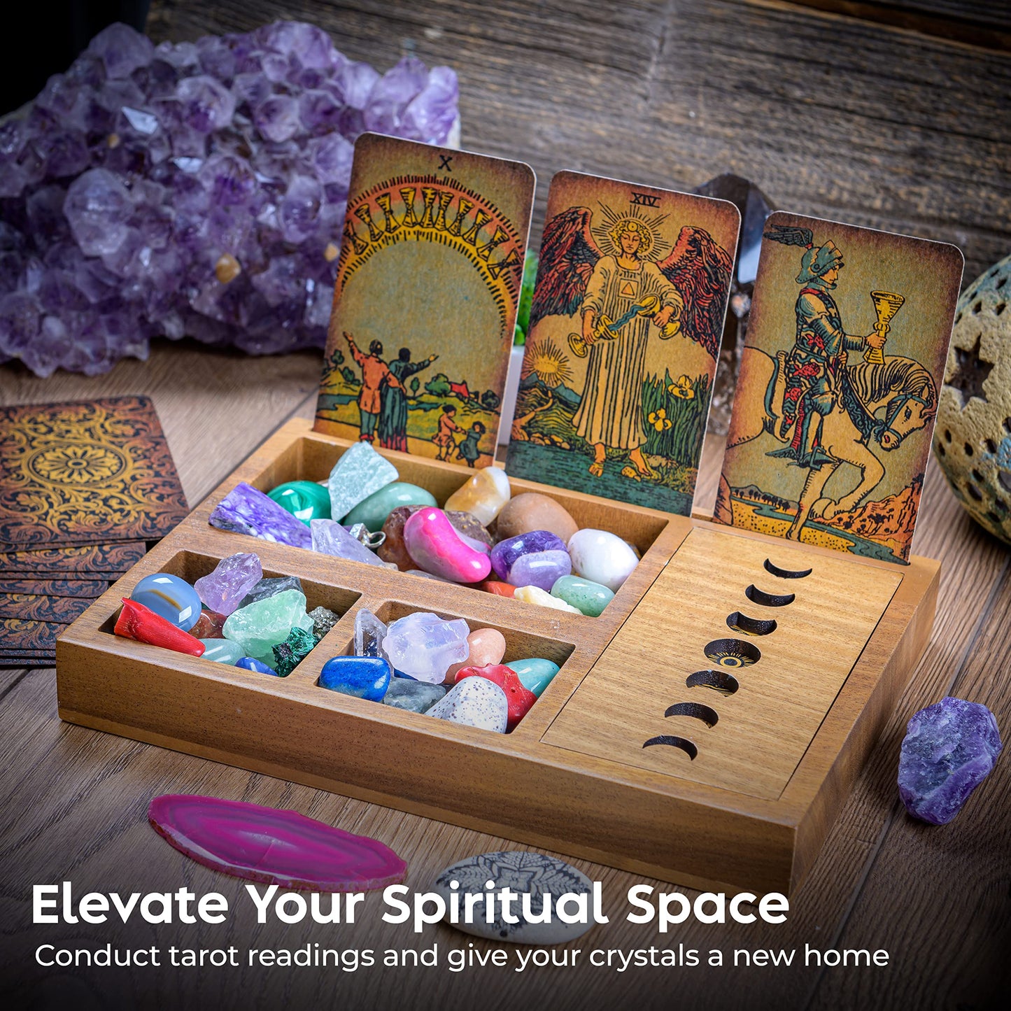 Curawood Tarot Card Holder Stand Display & Deck Box - Witchy Gifts for Women, Tarot Accessories, Wiccan Altar Supplies, Crystal Holder Tray, Witchcraft Decor - 3-Card Stand with Moon Phase Design