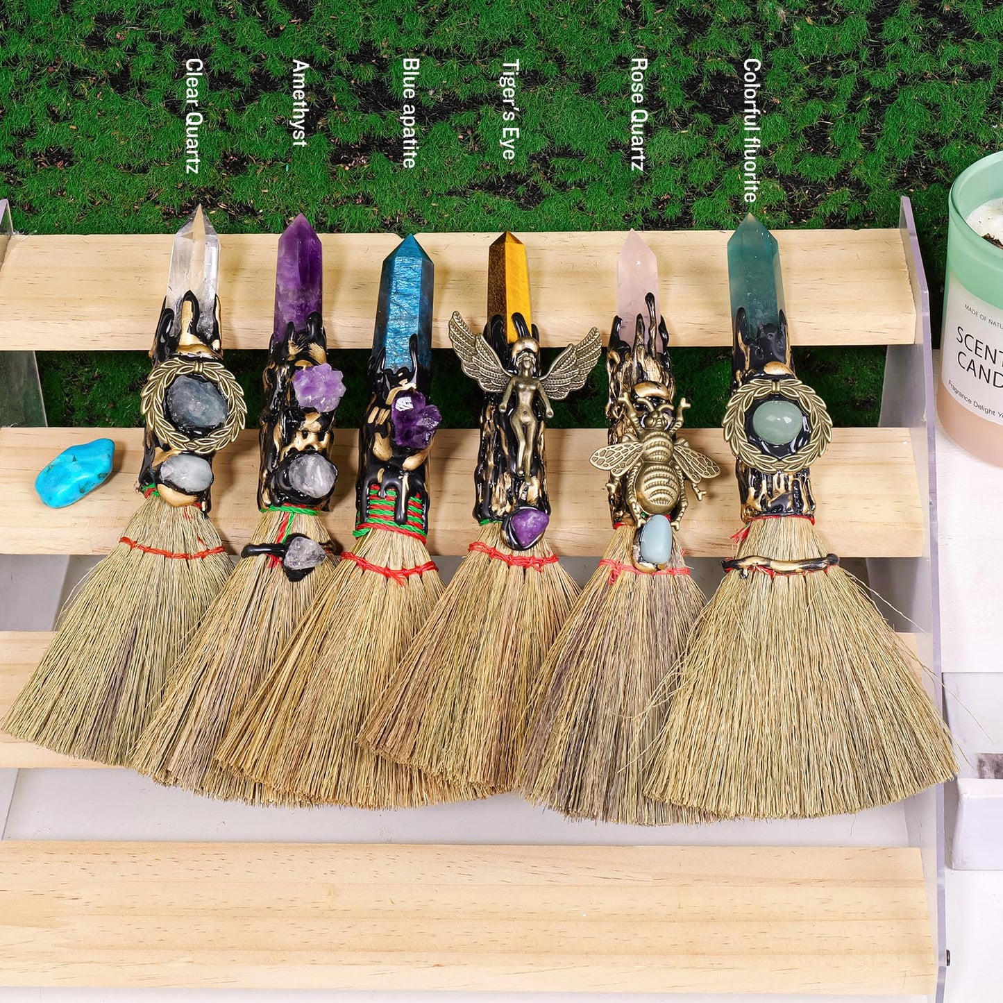 RJINGSHI Natural Magic Sweeper Amethyst Tower Broom 7.08"-7.87" Healing Crystal Point Witch Altar Supplies for Crystal Therapy Cleaning Bedroom Office Home Decor Gift