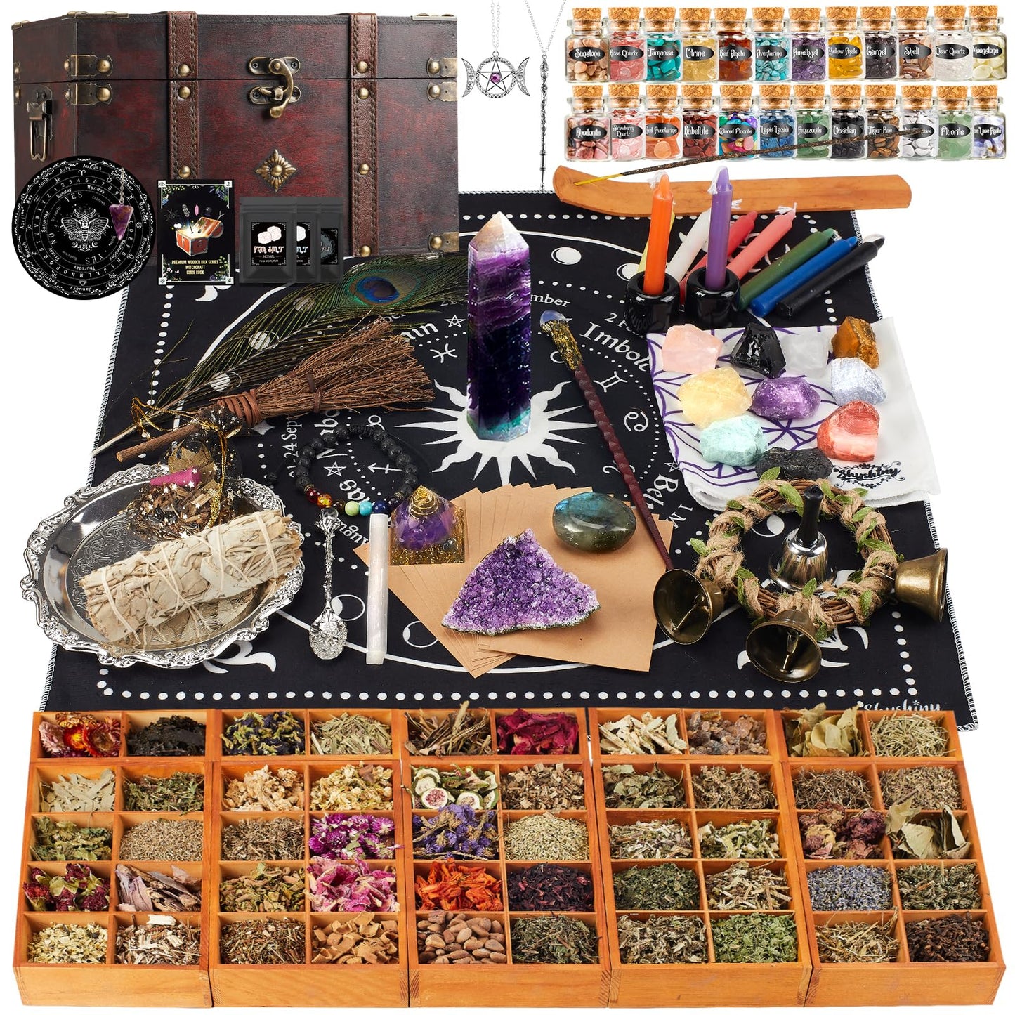 SHYSHINY Huge Witchcraft Kit, 200Pack Witchcraft Supplies for Witch Spells, Wiccan Supplies and Tools with Wooden Box Witch Starter Kit for Beginners
