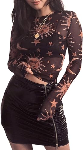 GEZOUR Women's Long Sleeve Checkered Print See Though Sheer Mesh Crop Tops Tee Shirt Blouse (S,Sun and Moon)
