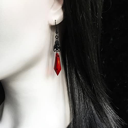 Gothic Dark Bat Dangle Earrings - Red Black Crystal Gems Punk Rock Style Animal Earrings for Halloween Costumes (Black)