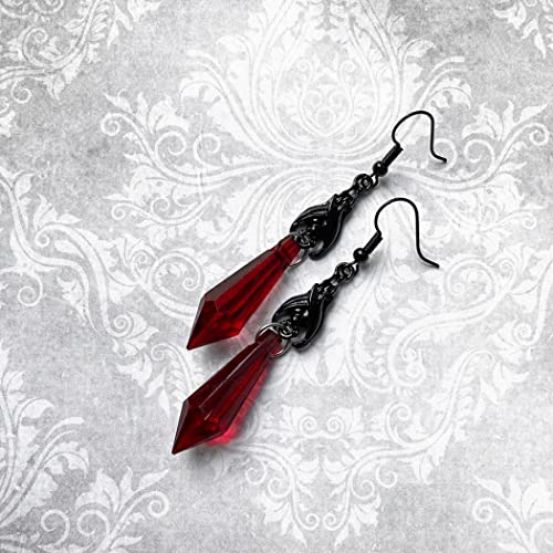 Gothic Dark Bat Dangle Earrings - Red Black Crystal Gems Punk Rock Style Animal Earrings for Halloween Costumes (Black)
