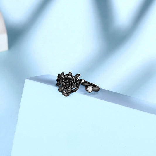 FR49K Sterling Silver Rose Flower Ring - Elegant Black Gun Plated, Adjustable, 3D Vivid Flower Design, Romantic Rose Jewelry for Women - Christmas & Valentine Gifts