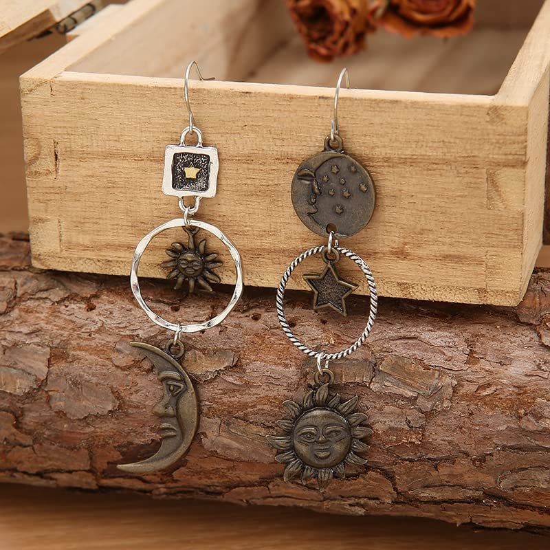 Vintage Sun Moon Star Dangle Earrings for Women, Greek Mythology Asymmetric Drop Earrings (Gold)