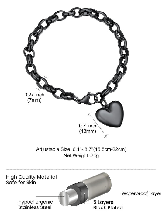 Black Bracelets for Women, Womens Heart Charm Adjustable Chain Bracelet fits for 155-220mm Wrists Mother Daughter Jewelry