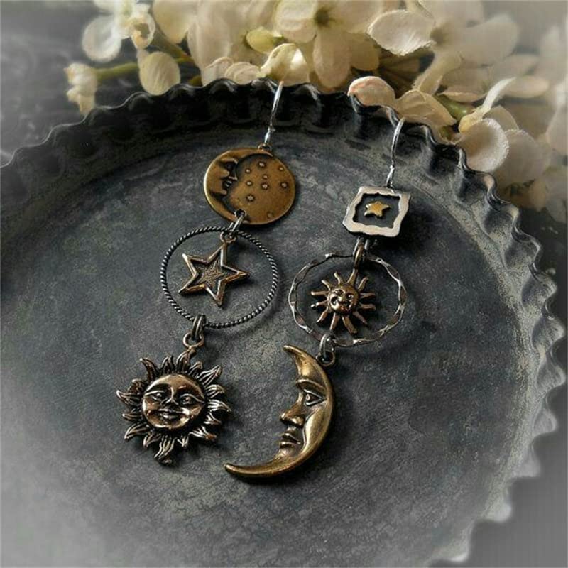Vintage Sun Moon Star Dangle Earrings for Women, Greek Mythology Asymmetric Drop Earrings (Gold)