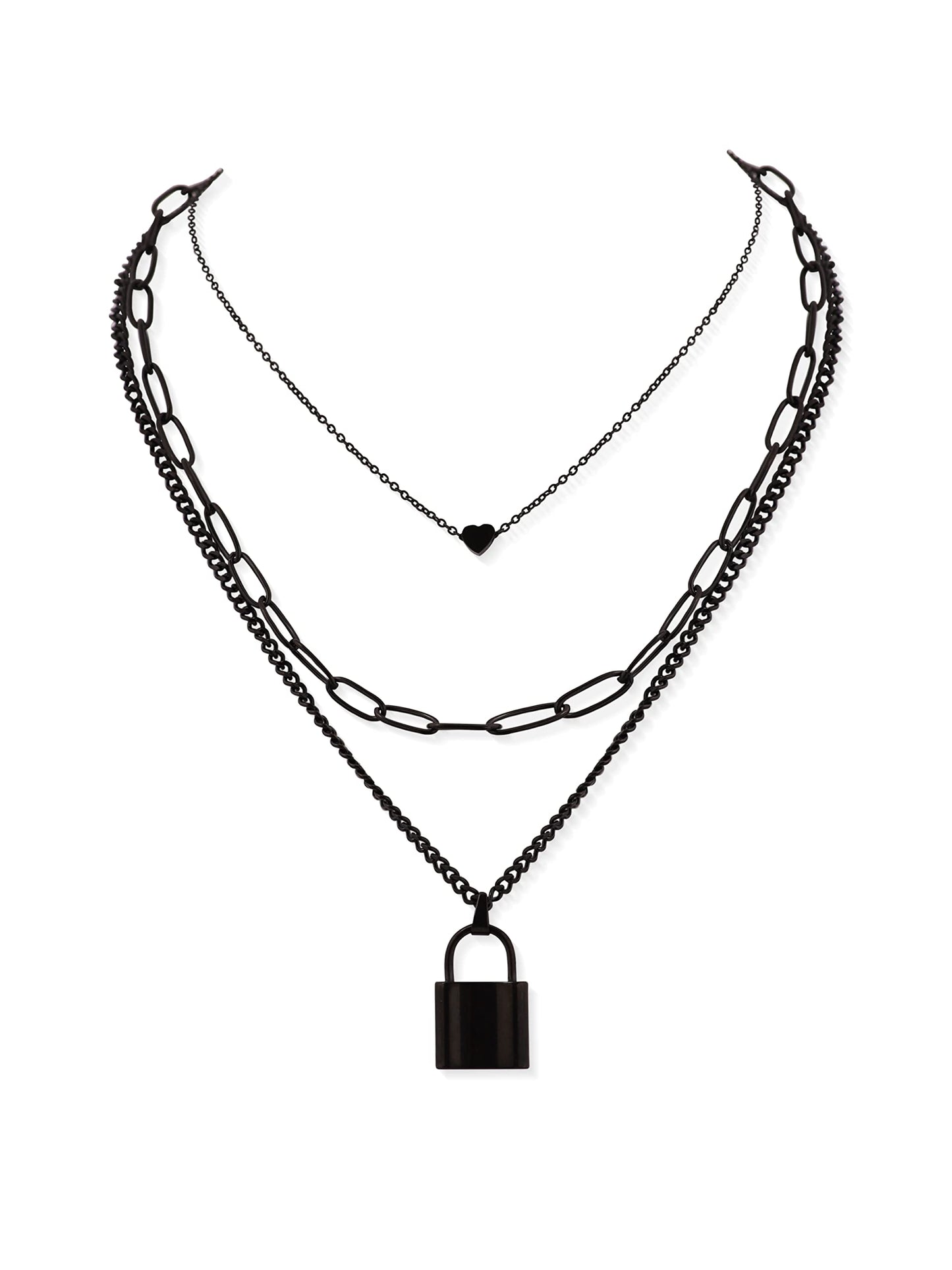 Sacina Women's Zinc Alloy & Stainless Steel Gothic Black Layered Necklace (12.59+16.53+18.11 inches) - Heart & Lock Pendant, Y2K Emo Necklace, Halloween, Christmas Gift