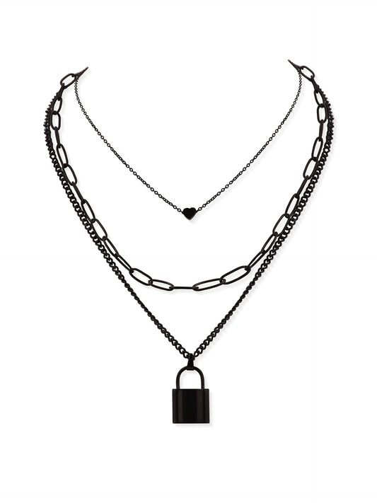 Sacina Women's Zinc Alloy & Stainless Steel Gothic Black Layered Necklace (12.59+16.53+18.11 inches) - Heart & Lock Pendant, Y2K Emo Necklace, Halloween, Christmas Gift