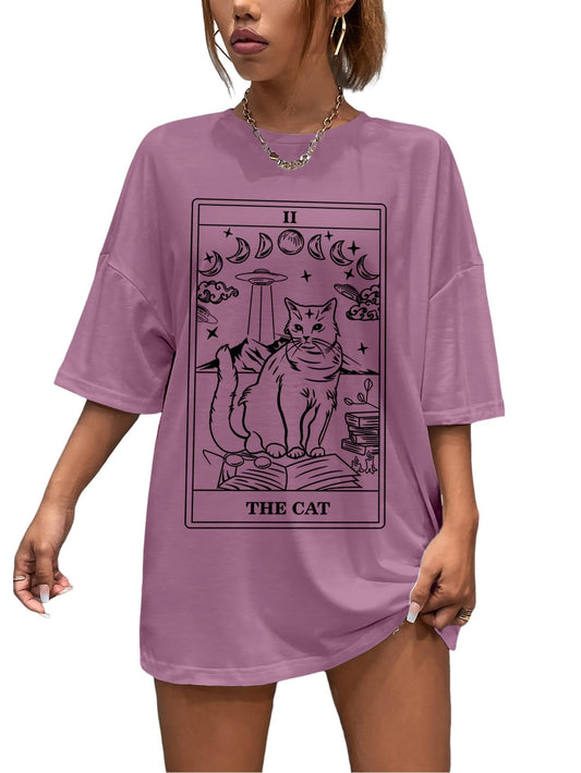 SOLY HUX Women's Oversized T Shirts Graphic Tees Casual Vintage Summer Tops Half Sleeve Shirts Purple Cat M