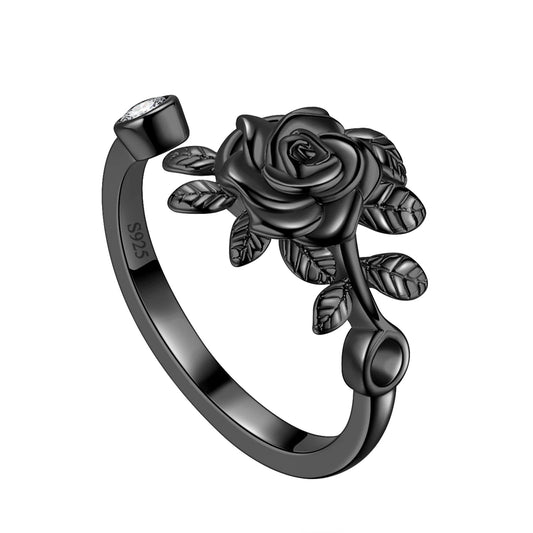 FR49K Sterling Silver Rose Flower Ring - Elegant Black Gun Plated, Adjustable, 3D Vivid Flower Design, Romantic Rose Jewelry for Women - Christmas & Valentine Gifts