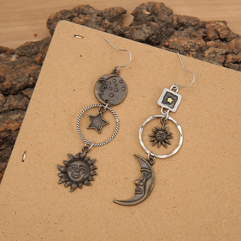 Vintage Sun Moon Star Dangle Earrings for Women, Greek Mythology Asymmetric Drop Earrings (Gold)