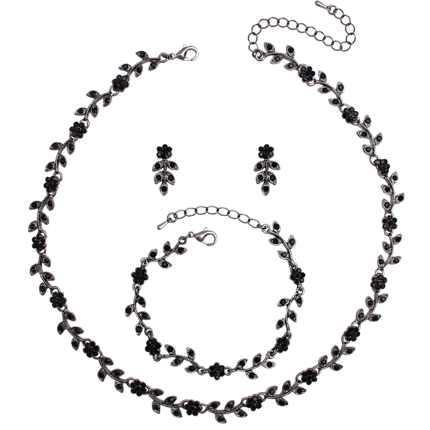 Enrwin Austrian Crystal Rhinestone Choker Necklace Dangle Earring Link Bracelet Jewelry Set for Brides Bridesmaid Prom Costume Accessories for Women (Black-Gunmetal)