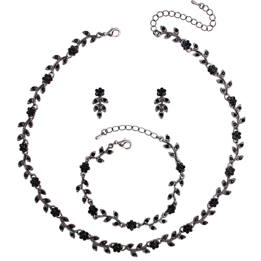 Enrwin Austrian Crystal Rhinestone Choker Necklace Dangle Earring Link Bracelet Jewelry Set for Brides Bridesmaid Prom Costume Accessories for Women (Black-Gunmetal)