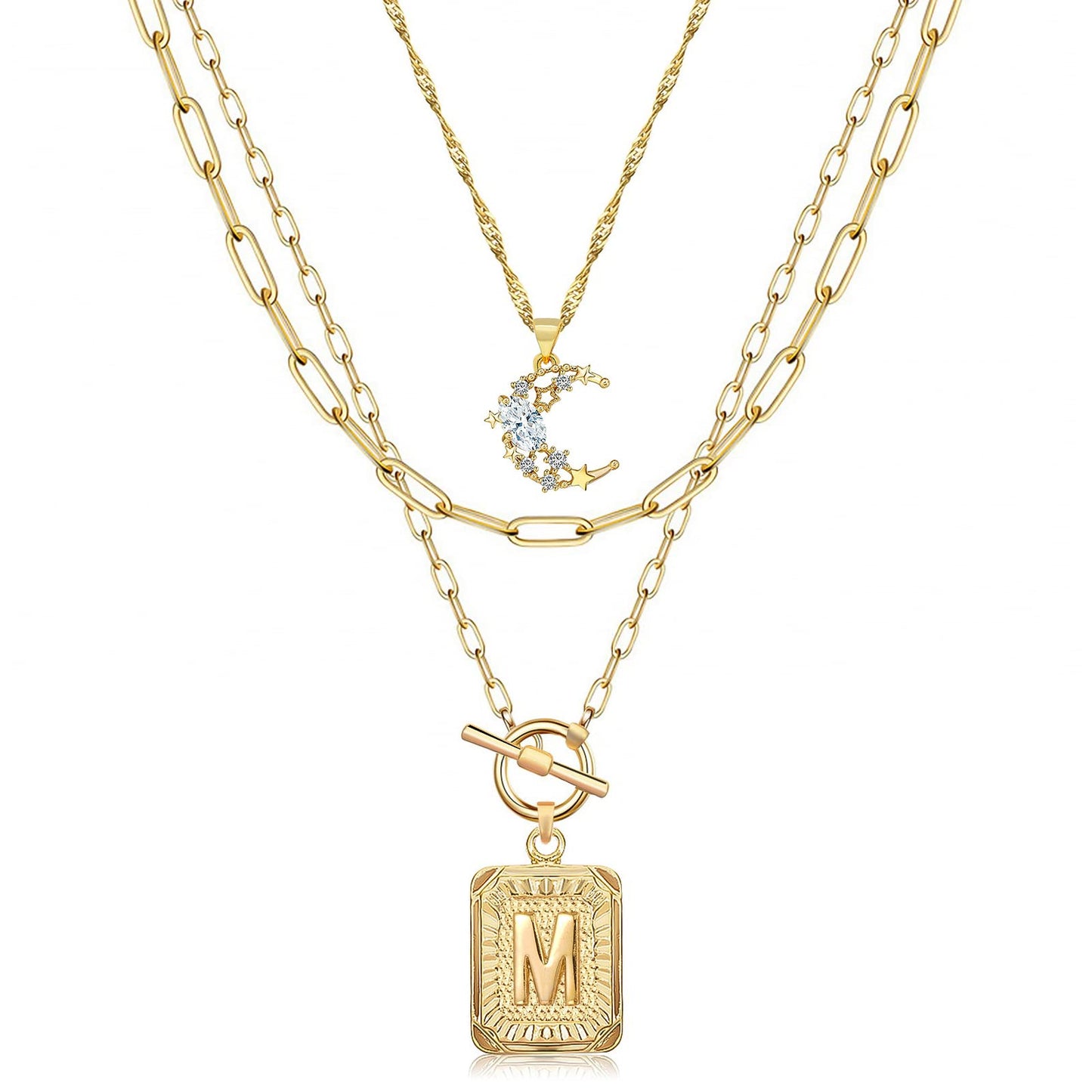 MJartoria Layered Initial Necklaces for Women Trendy, 14K Gold Plated Simple Moon Choker Square Letter Pendant Necklace, Paperclip Chain Necklace, Gold Necklaces Jewelry Gifts (Gold, M)