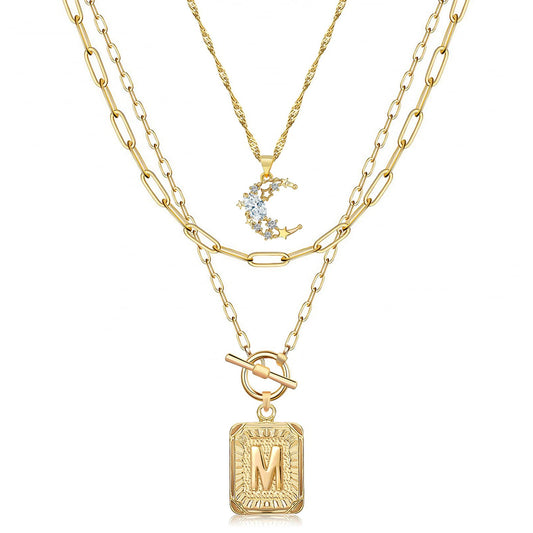 MJartoria Layered Initial Necklaces for Women Trendy, 14K Gold Plated Simple Moon Choker Square Letter Pendant Necklace, Paperclip Chain Necklace, Gold Necklaces Jewelry Gifts (Gold, M)